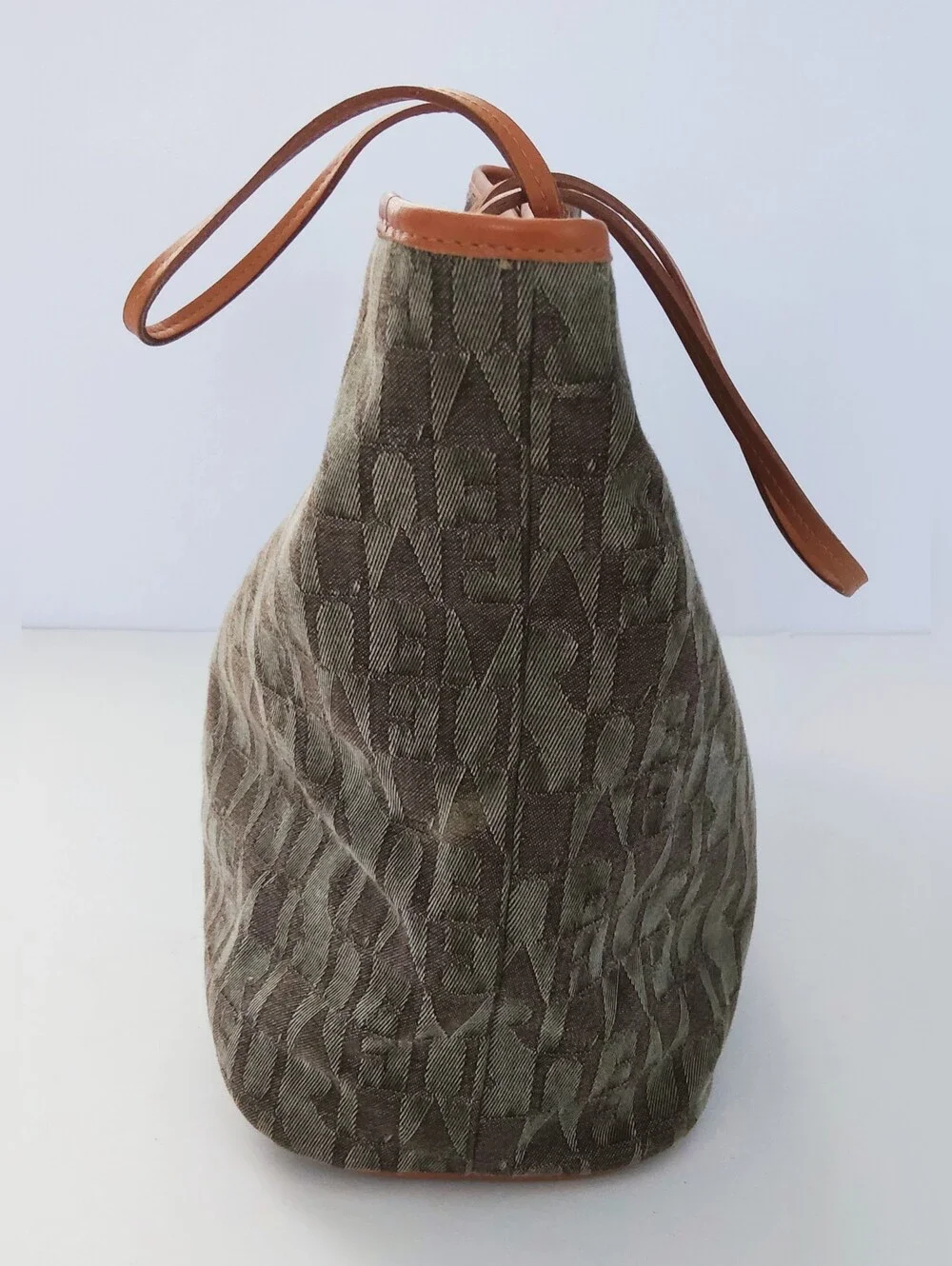 Furla Canvas Tote Bag with Green Stripe and Tan Lether Trim. Pre-owned.